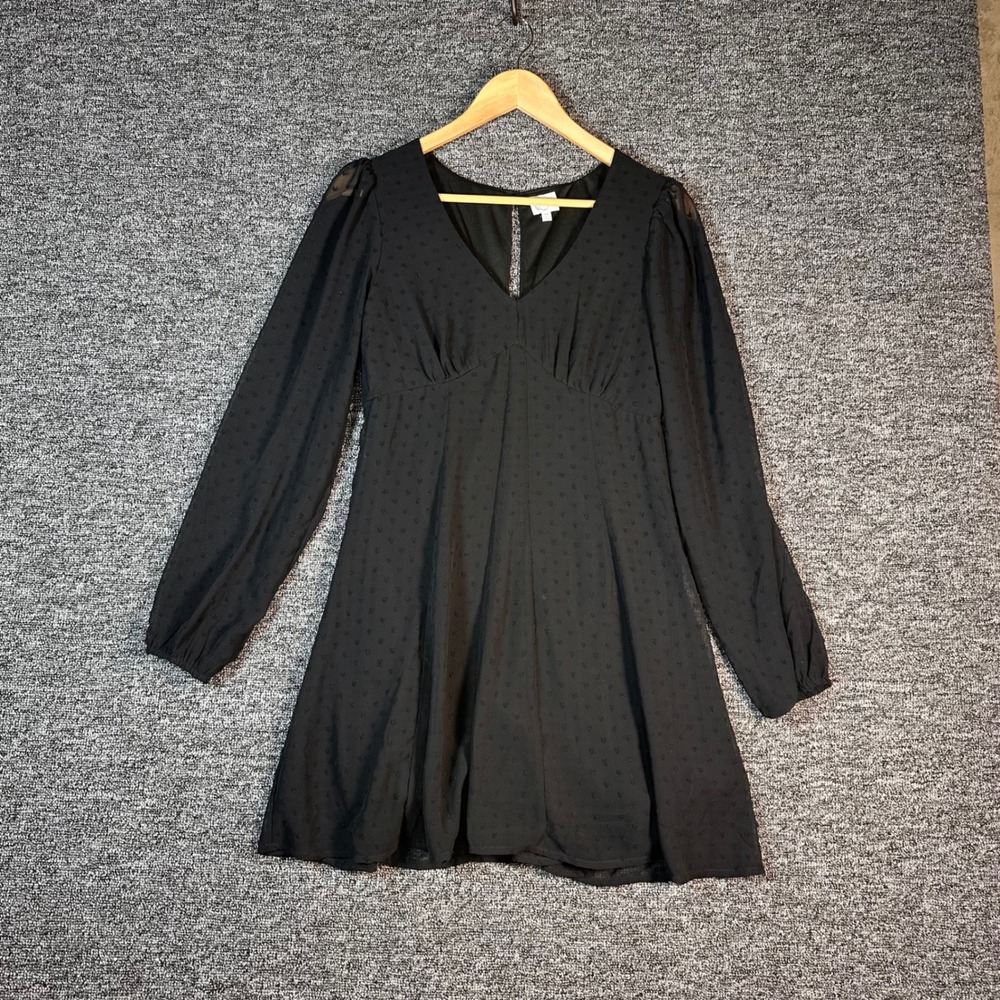 Blue Rain Francesca's Black Clip Dot V-Neck Long Sleeve Mini Dress XS